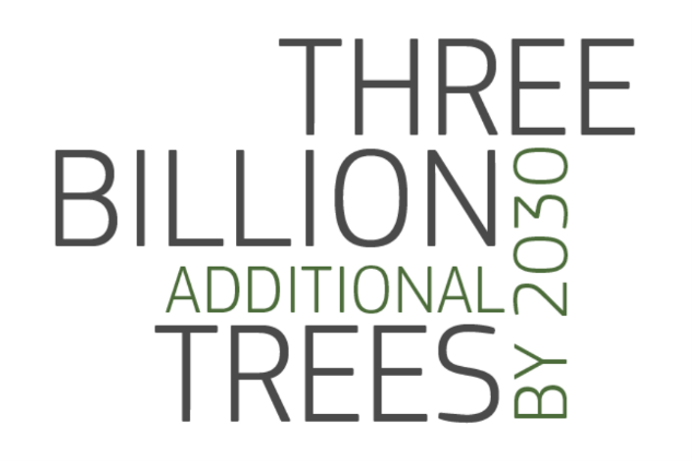 Three billions trees written with black letters on a white fundal