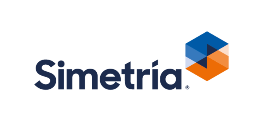 The corporative logo is composed by the name of the group Simetría in white next to a cube in the corporative colours, which are blue and orange