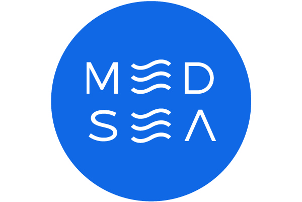 A blue circle with the acronym "MEDSEA" inside. Colour and stylized waves, highlight organization’s focus on coastal and marine ecosystems