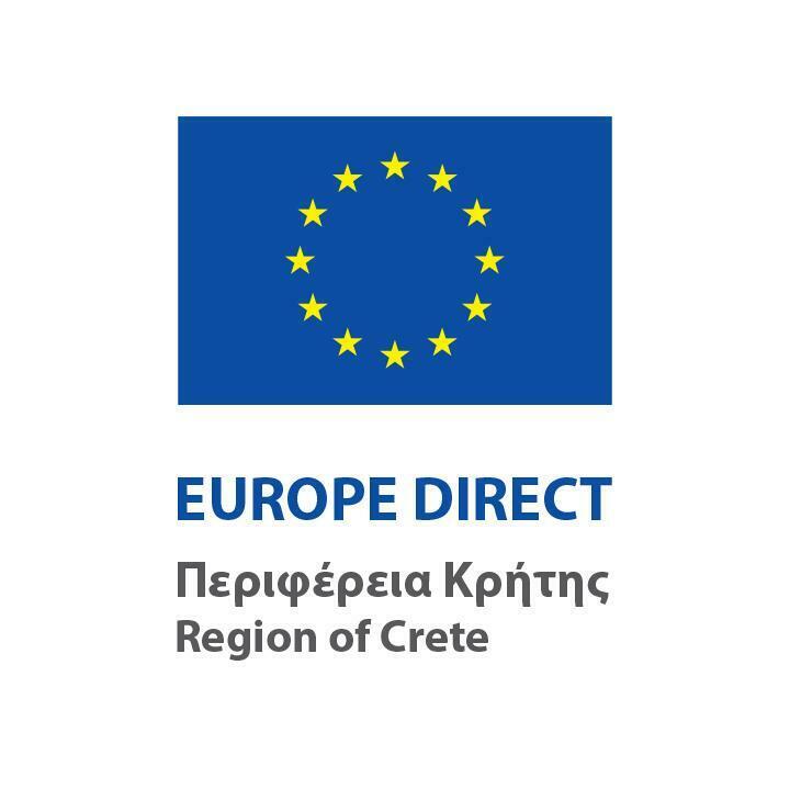 A blue flag with the twelve stars, followed by the EUROPE DIRECT Region of Crete name in English and Greek