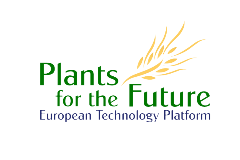 ‘Plants for the Future – European Technology Platform’ in green and blue, alongside a stylised yellow plant graphic resembling grain or leaves.