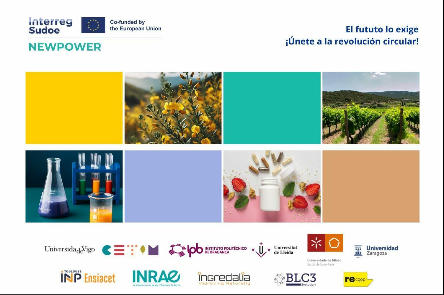 Project logo, project claim, partner logos and and images symbolizing agroforestal waste transformet into upcycled products