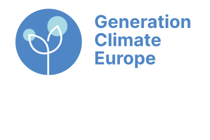 Logo of "Generation Climate Europe," consisting of a blue circular emblem with a stylized plant icon and the organization's name in blue text.
