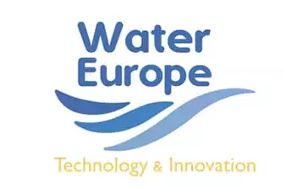 The logo features "Water Europe" in blue, with wavy lines below, and "Technology & Innovation" in yellow, symbolising water innovation and sustainability.