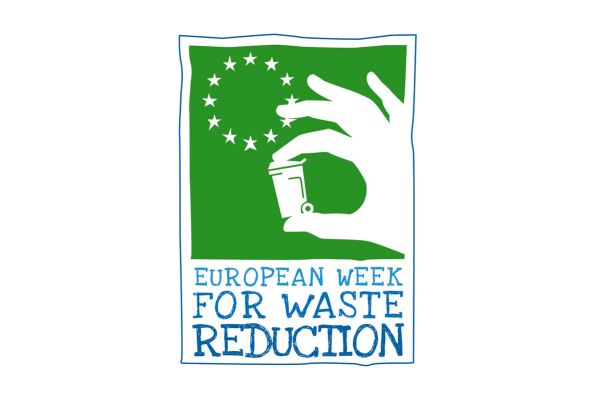 A hand holding a waste container and written below the text ‘European Week for Waste Reduction
