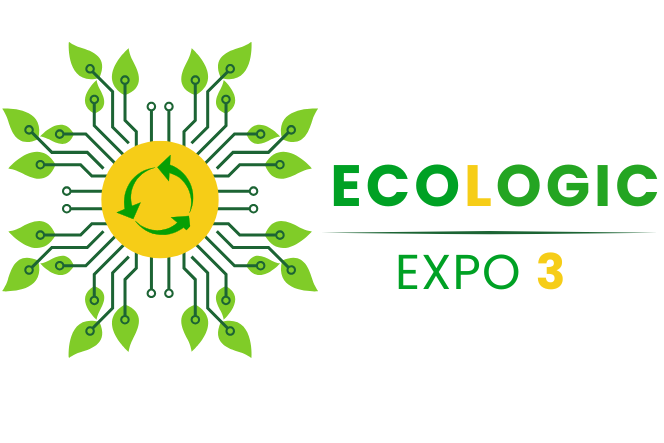 A circular recycling icon with circuit-like lines sprouting leaves, symbolizing the connection between technology and ecology.