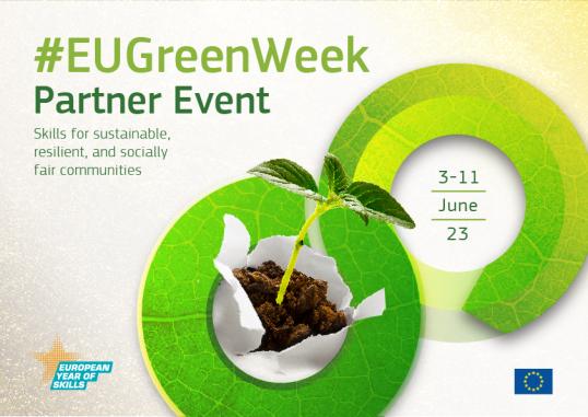 EU Green Week Partner Event logo representing 2 green cercles with a small plant inside one of them. 