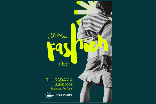 A poster for Circular Fashion Day showing a black-and-white model from behind on a teal background with neon text: 'Thursday 4 June 2026, Sciences Po'