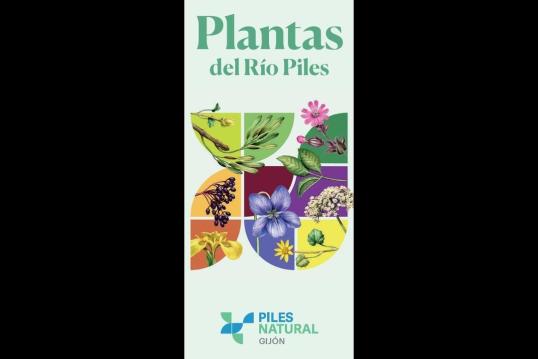 Poster-style logo with illustrated native plants from the Río Piles, colorful botanical drawings, and the Piles Natural Gijón branding
