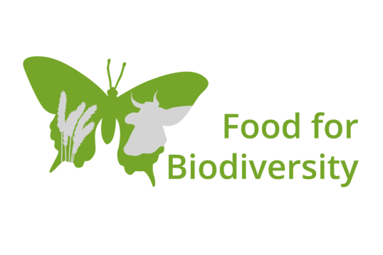 Green butterfly logo with silhouettes of grains and a cow, paired with the text 'Food for Biodiversity' in green.