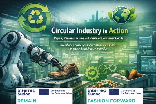 The image of our event highlights circular industry through robotics, recycling, remanufacturing and ecodesign in a sustainable industrial setting.