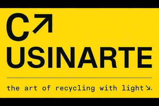 Cusinarte logo — bold black on yellow, arrow icon, tagline: "the art of recycling with light"