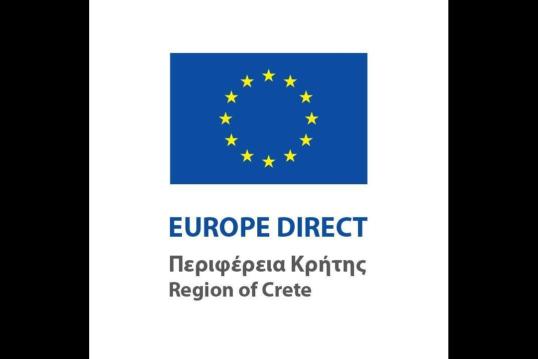 A blue flag with the twelve stars, followed by the EUROPE DIRECT Region of Crete name in English and Greek