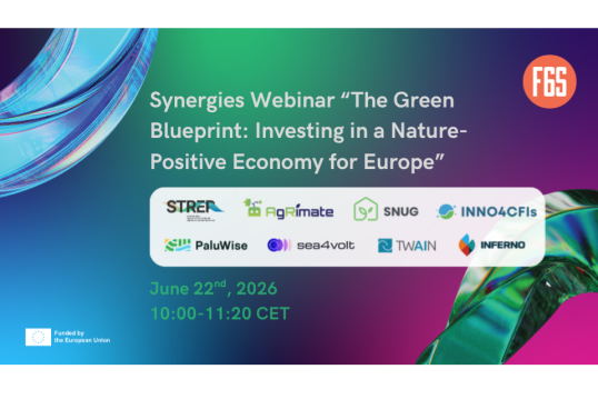 F6S "The Green Blueprint" webinar graphic for June 22, 2026, featuring EU-funded project logos on a vibrant green-purple abstract background.