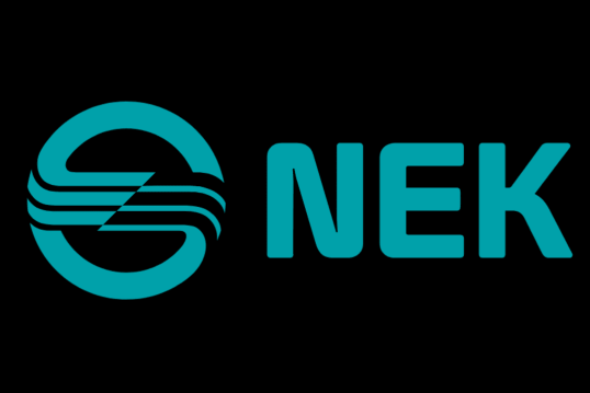 Turquoise NEK logo with stylized circular wave symbol and bold “NEK” lettering on a black background.