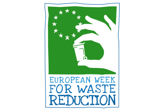A hand holding a waste container and written below the text ‘European Week for Waste Reduction