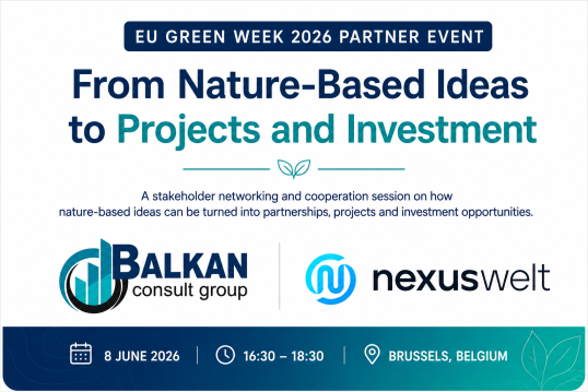 Visual banner representing nature-positive investment, green innovation, and regional cooperation for a Brussels hybrid partner event under EU Green W