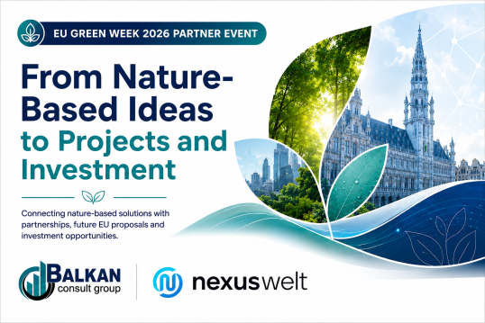 Visual banner representing nature-positive investment, green innovation, and regional cooperation for a Brussels hybrid partner event under EU Green W