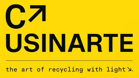 Cusinarte logo — bold black on yellow, arrow icon, tagline: "the art of recycling with light"
