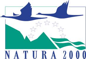 Natura 2000 written in blue letters; two birds and agreen mountain