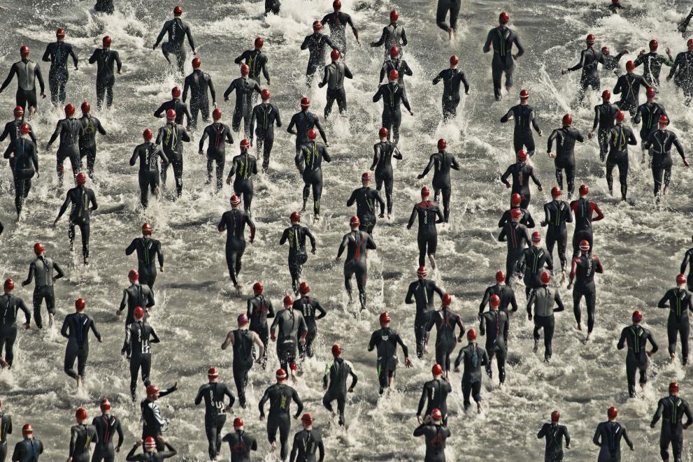 A group of athletes at the start of a triathlon during the swimming test