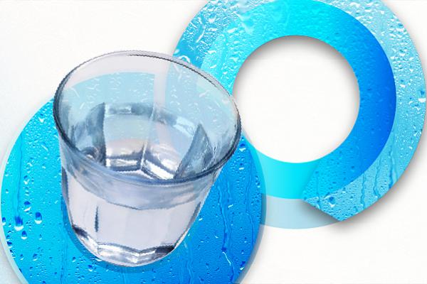 2 blue circles with a glass of water