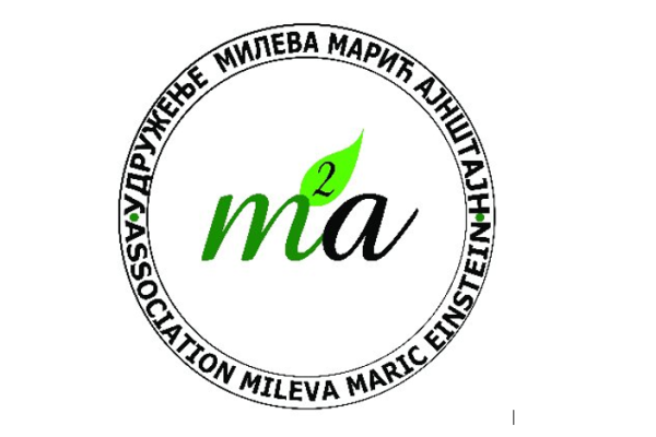 Mileva Maric Einstein name initials in green and black, together with green leaf, sign of formula and name of the association.